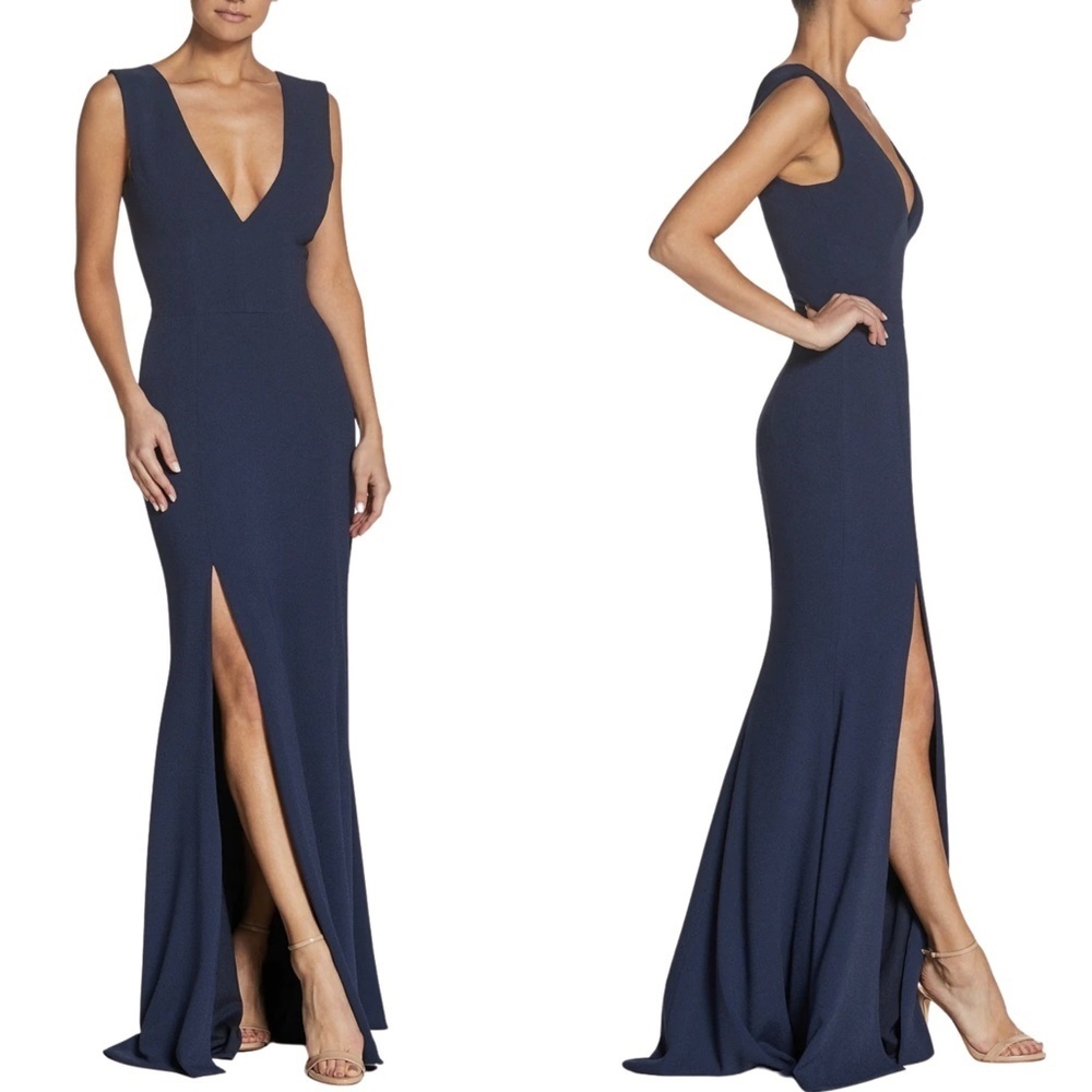 NEW Dress the Population Sandra Plunging V Neck Gown in Midnight Blue